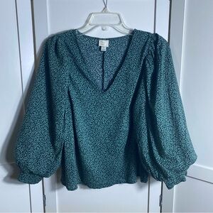 A New Day Puffy Sleeves V Neck Blouse Black Green Size Medium